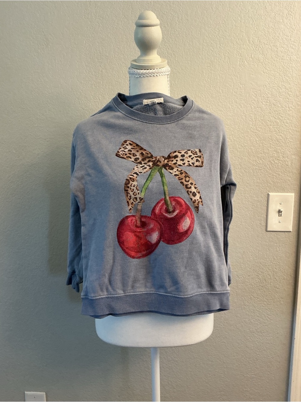 Full Tilt Grayish blue women’sSweatshirt with Red Cherry Graphic and Leopard Bow